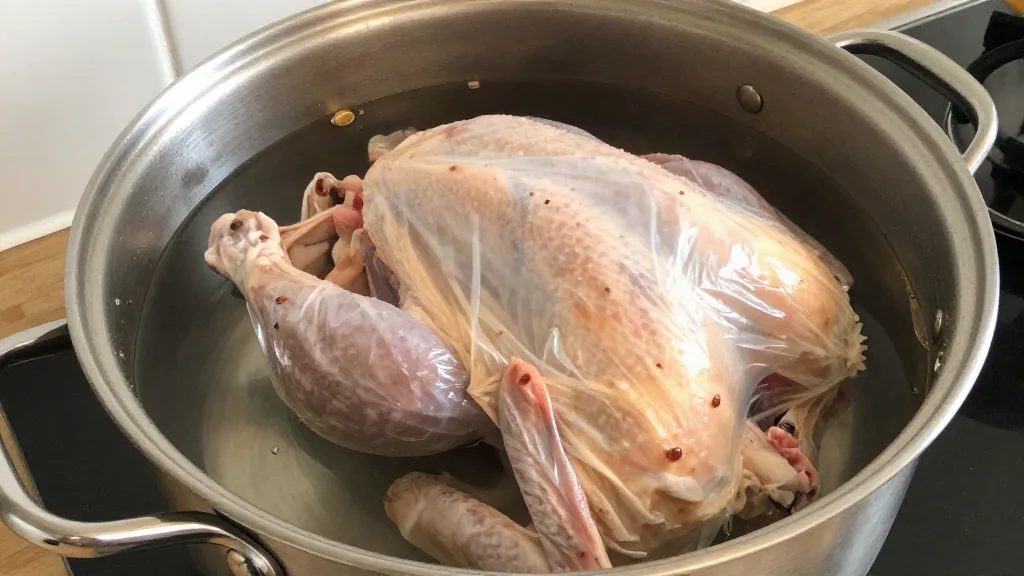 Bagged turkey submerged in cold water in a large stockpot on the counter