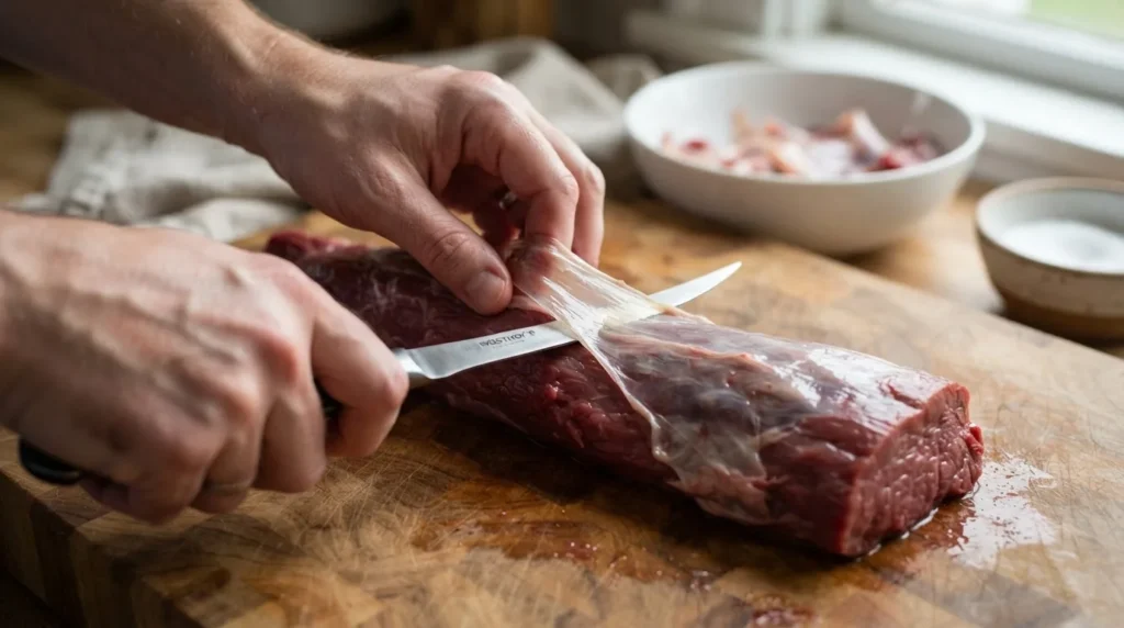 Trimming the silverskin membrane off a raw beef tenderloin with a boning knife