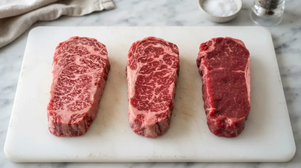 Three raw strip steaks showing abundant, moderate and slight marbling