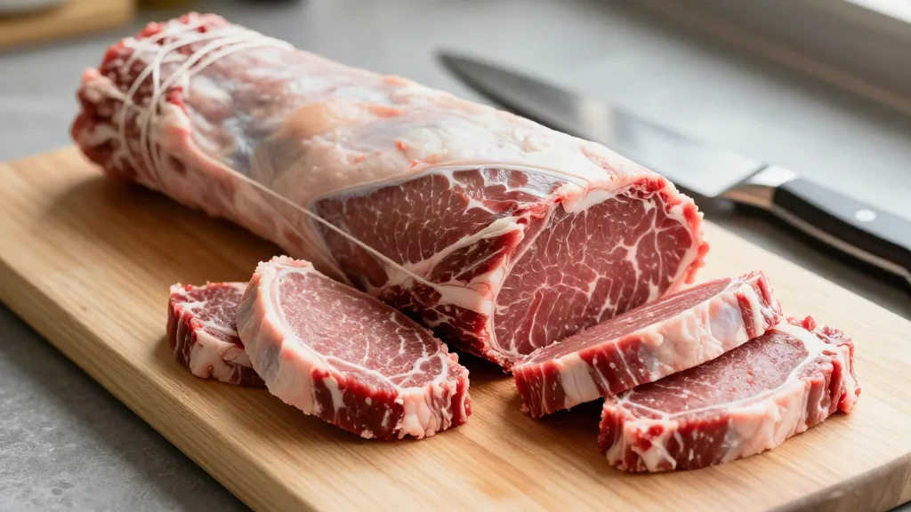 Whole trimmed beef tenderloin with filet mignon steaks cut from one end